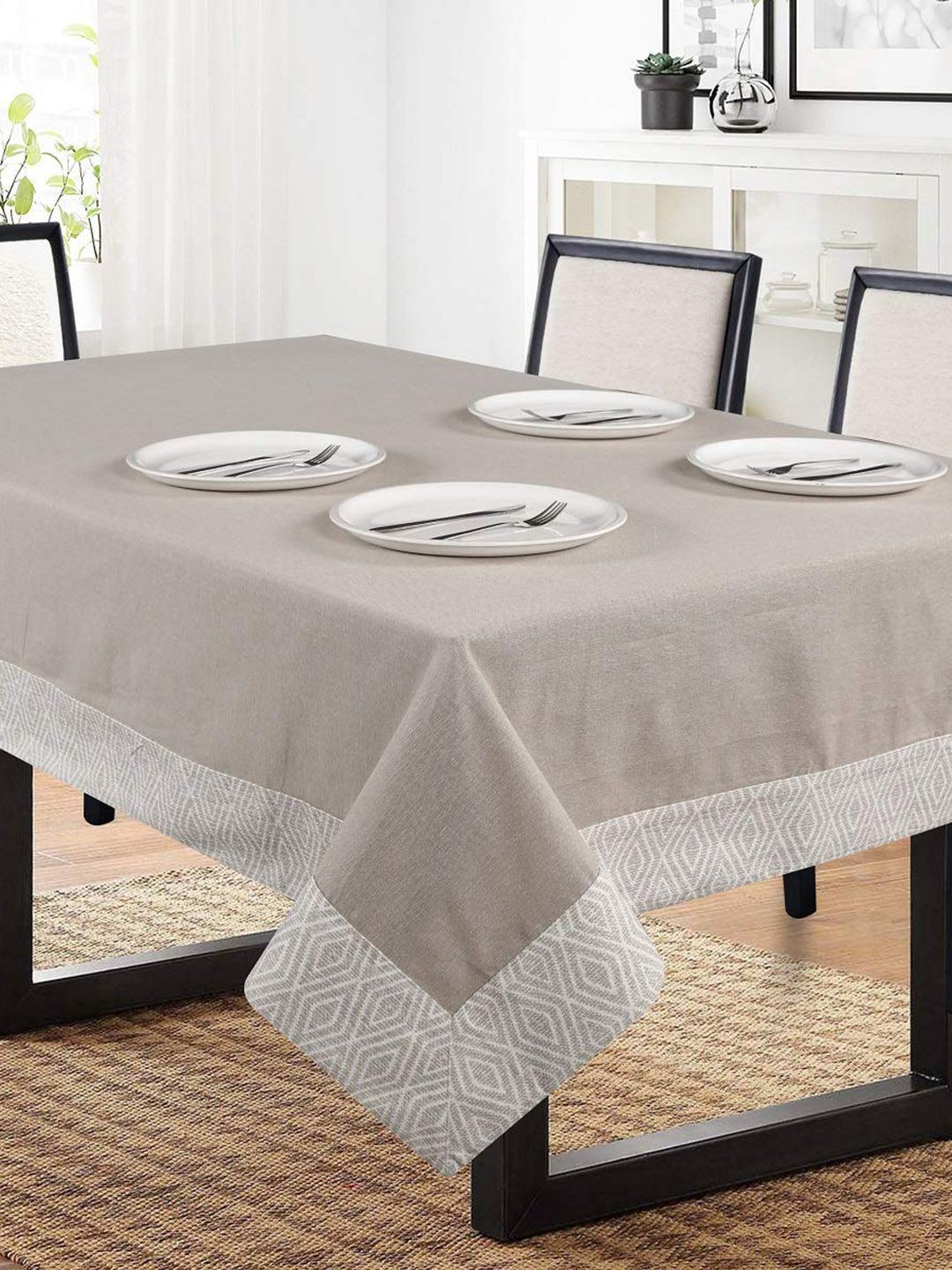 SHADES of LIFE Beige & White 6-Seater Rectangle Cotton Table Cover Price in India