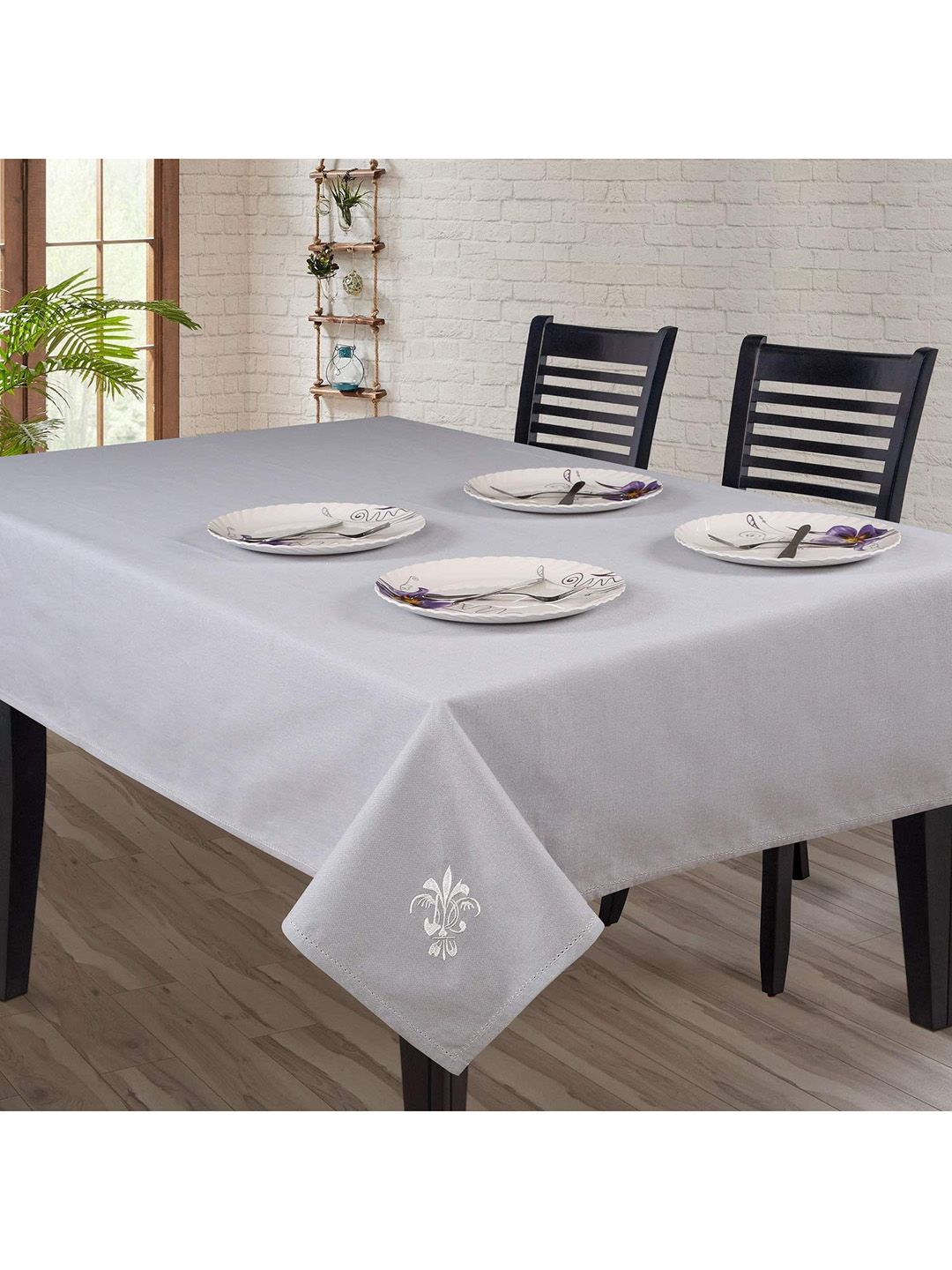 SHADES of LIFE Grey & White Solid 6-Seater Rectangle Cotton Table Cover Price in India