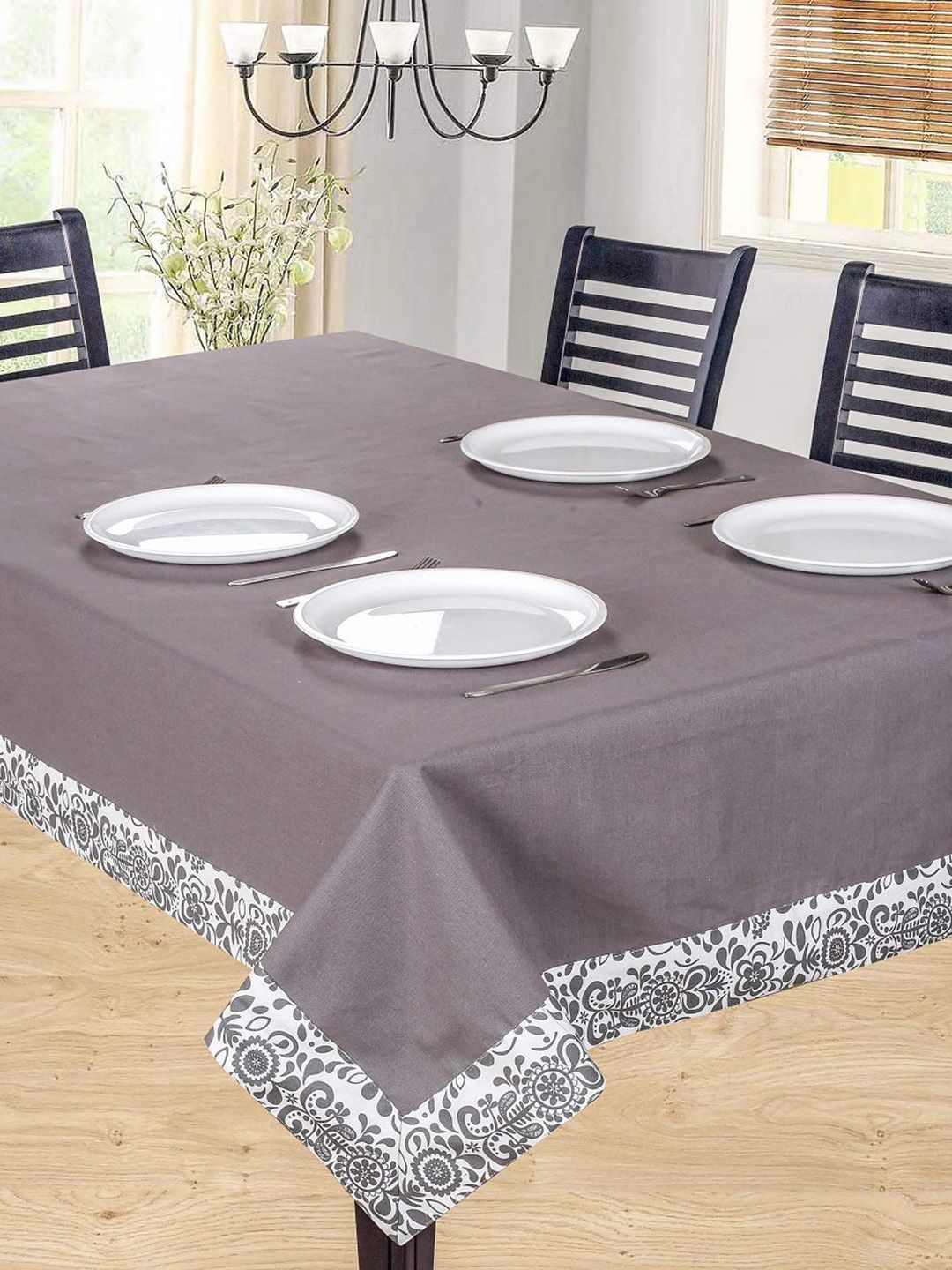 SHADES of LIFE Grey & White Solid 6-Seater Rectangle Cotton Table Cover Price in India