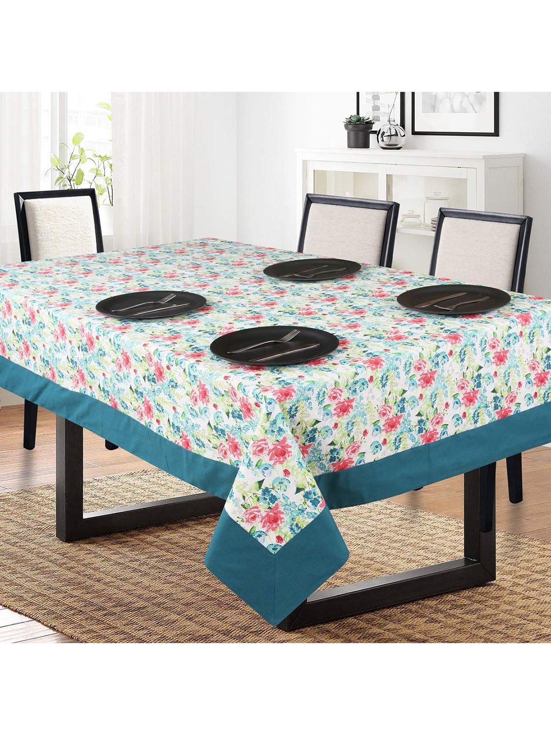 SHADES of LIFE White & Blue Printed 6-Seater Rectangle Cotton Table Cover Price in India