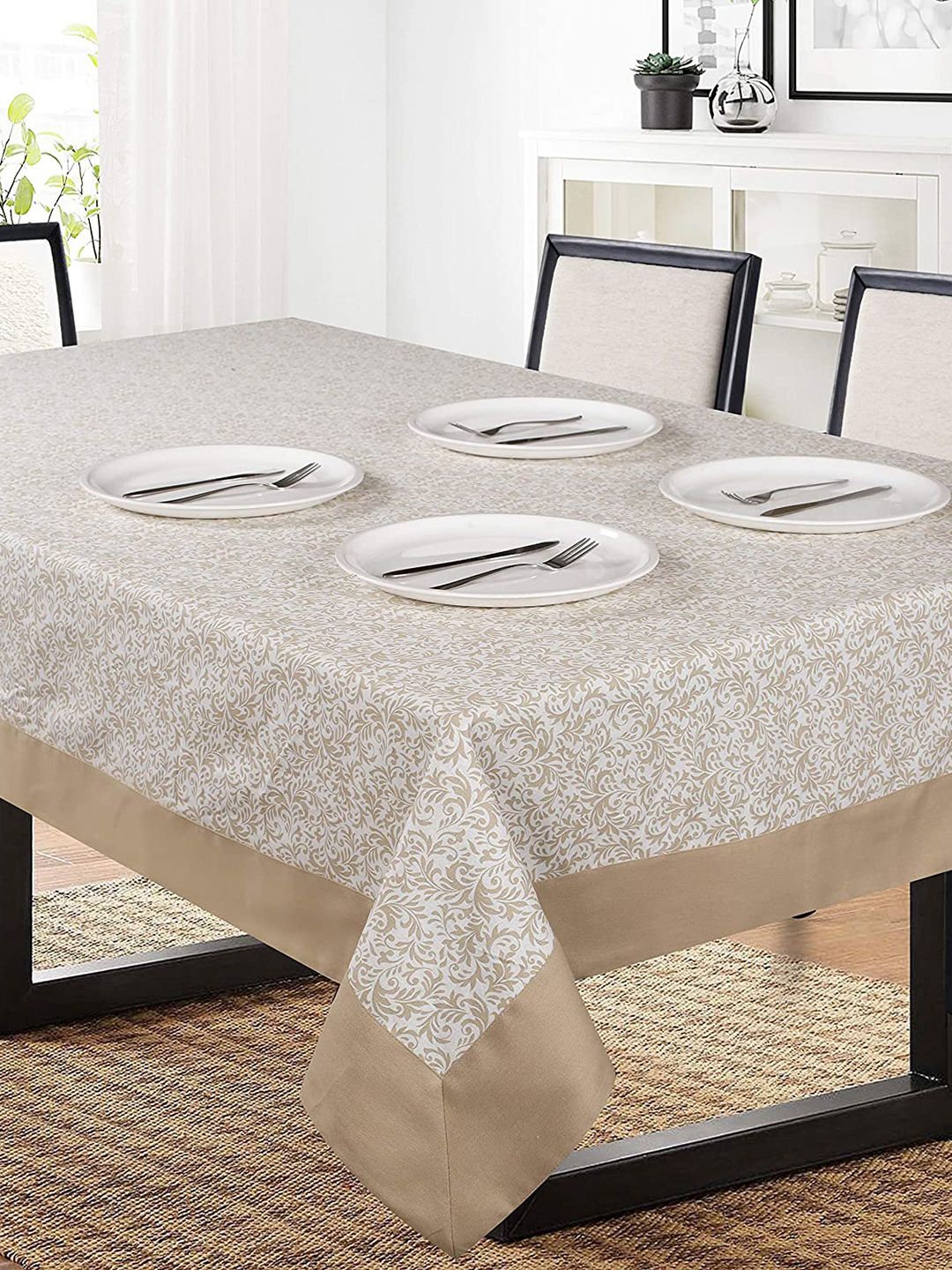 SHADES of LIFE Beige & White Printed 6-Seater Rectangle Cotton Table Cover Price in India