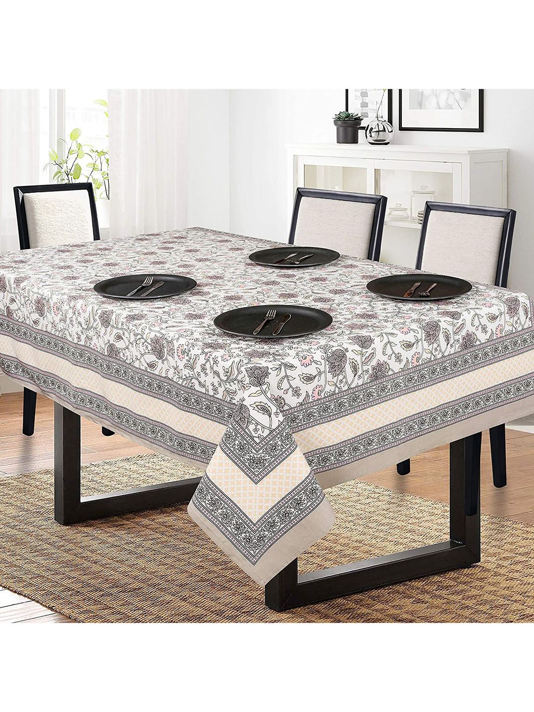 SHADES of LIFE White & Pink Floral Printed Cotton 6-Seater Table Covers Price in India