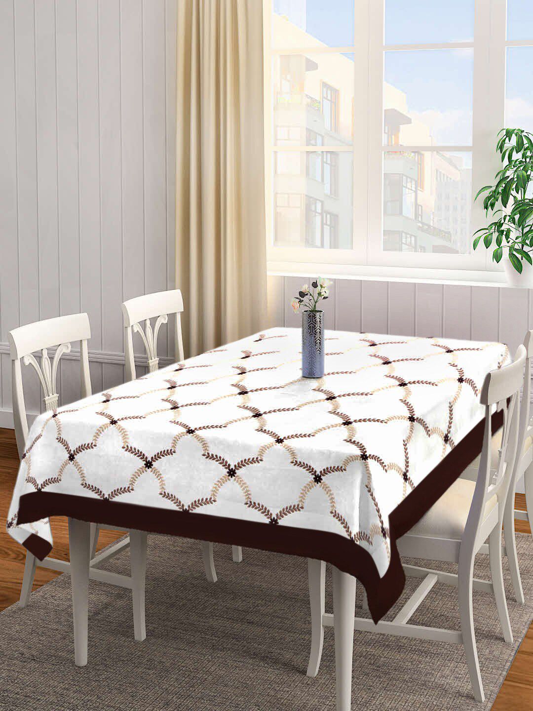 SHADES of LIFE White & Brown Embroidered Cotton 4-Seater Table Cover Price in India