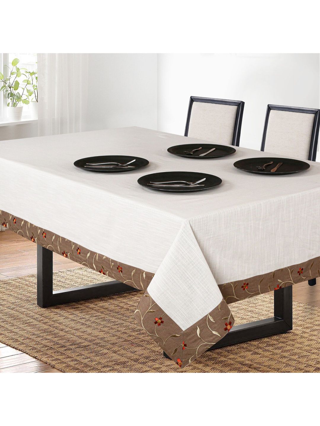 SHADES of LIFE Cream & Brown Solid Rectangular Cotton Table Cover Price in India