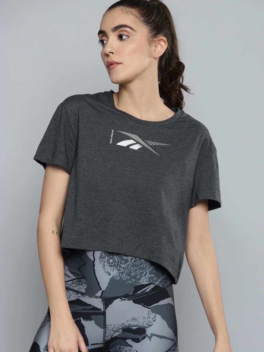 Reebok Women Charcoal Brand Logo Printed UBF Performance T-shirt Price in India