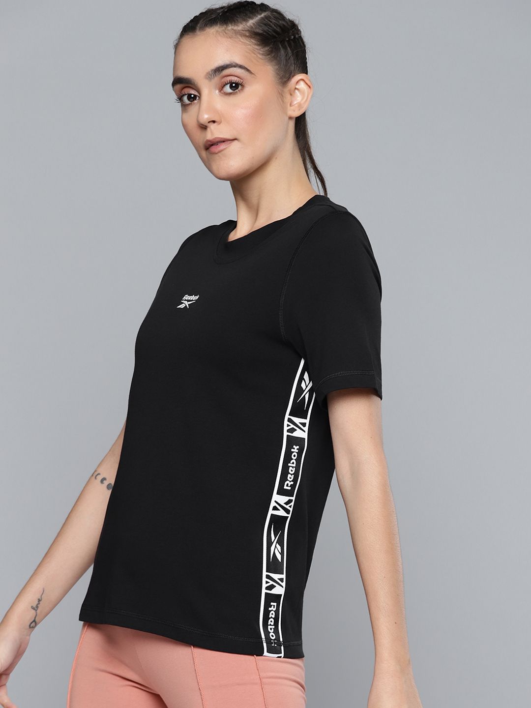 Reebok Women Black Solid Training Tape Pack T-shirt Price in India