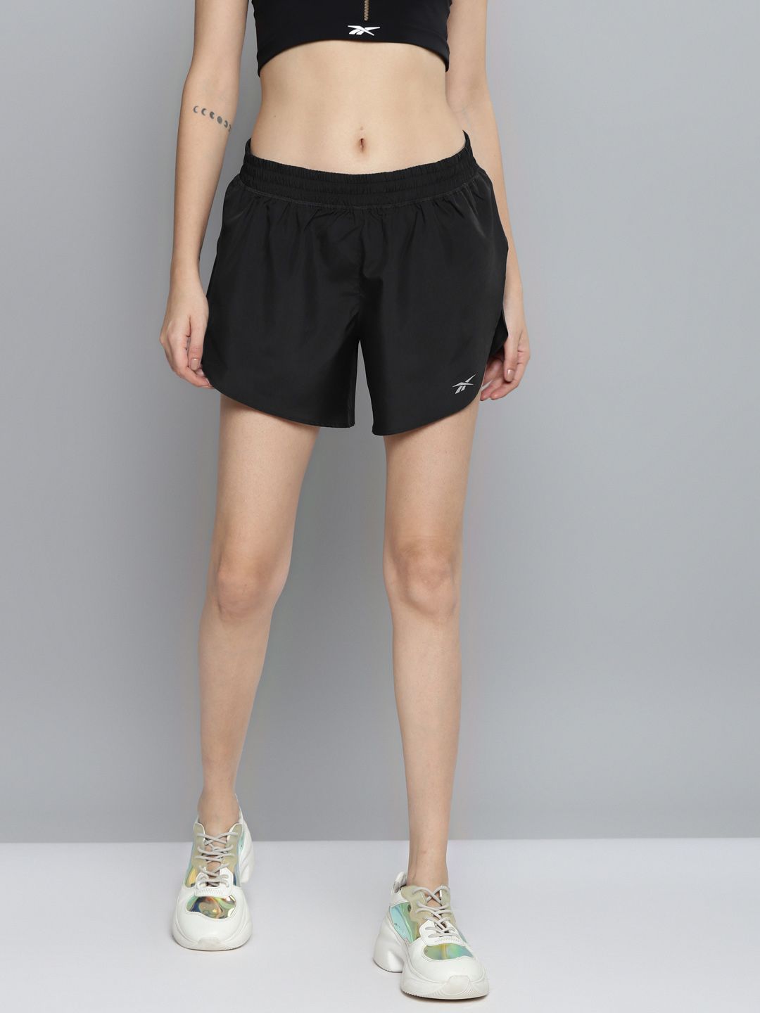 Reebok Women Black Printed WOR RUN S Sports Shorts Price in India