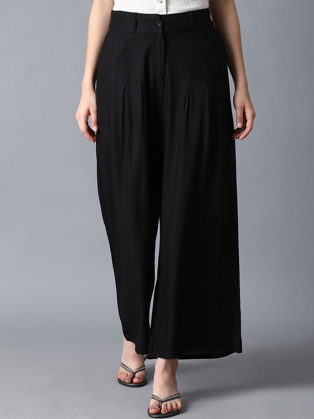 W Women Black Loose Fit Pleated Trousers Price in India
