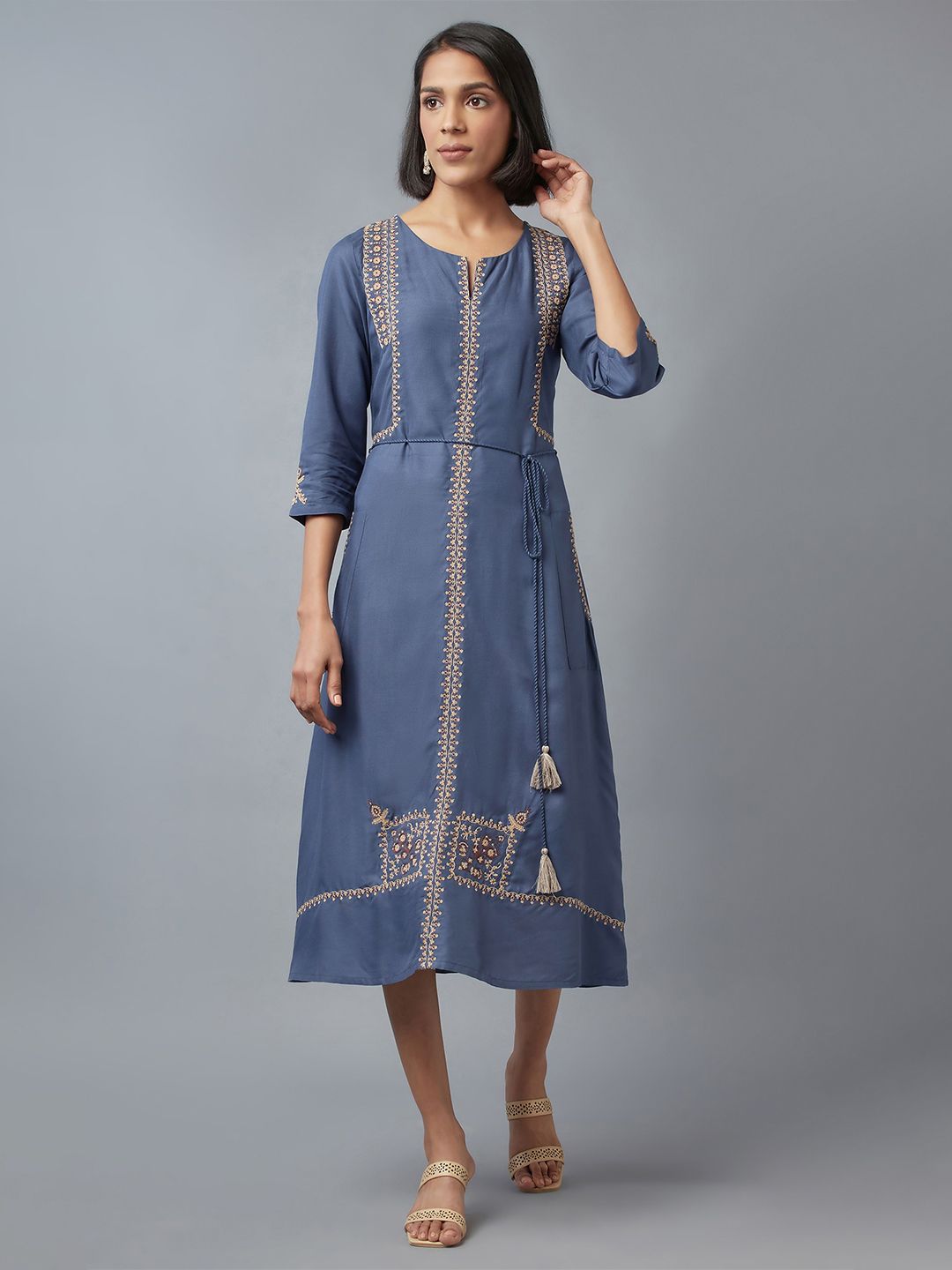 W Women Blue Ethnic Motifs Embroidered A-Line Midi Dress Price in India