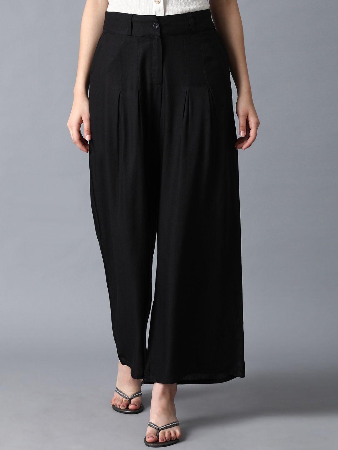 W Women Black Loose Fit Pleated Trousers Price in India
