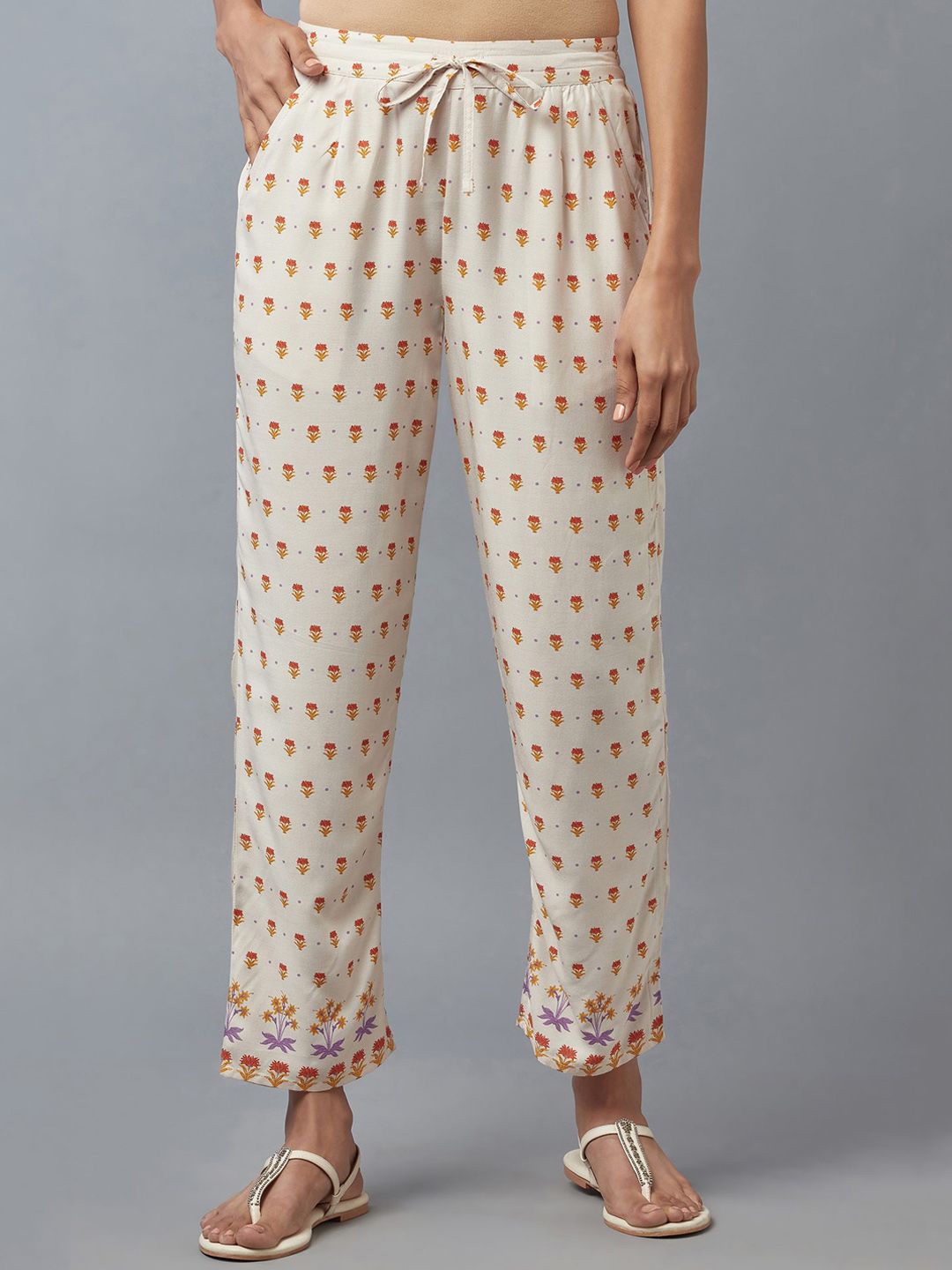 W Women White Printed Cropped Trousers Price in India