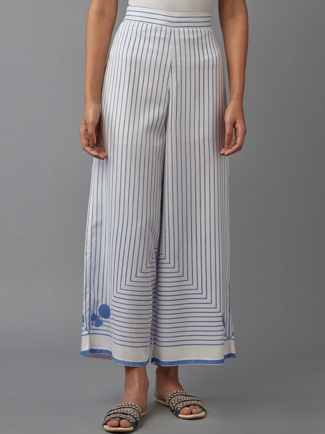 W Women White Striped Trousers Price in India