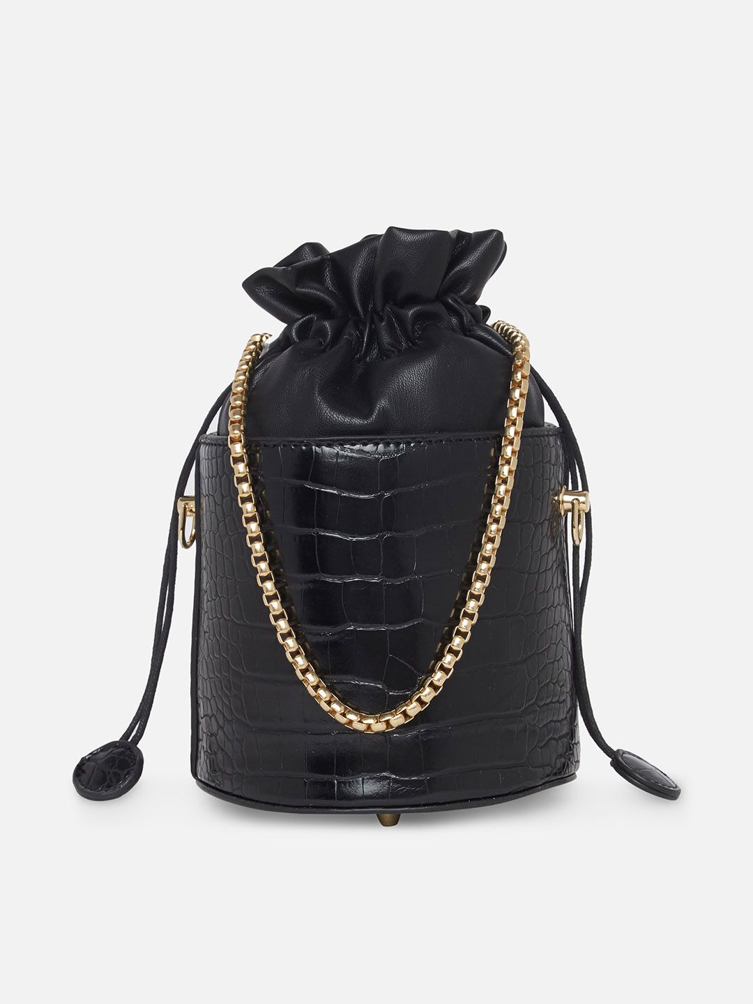 20Dresses Women Black Textured Bucket Sling Bag With Tasselled Price in India