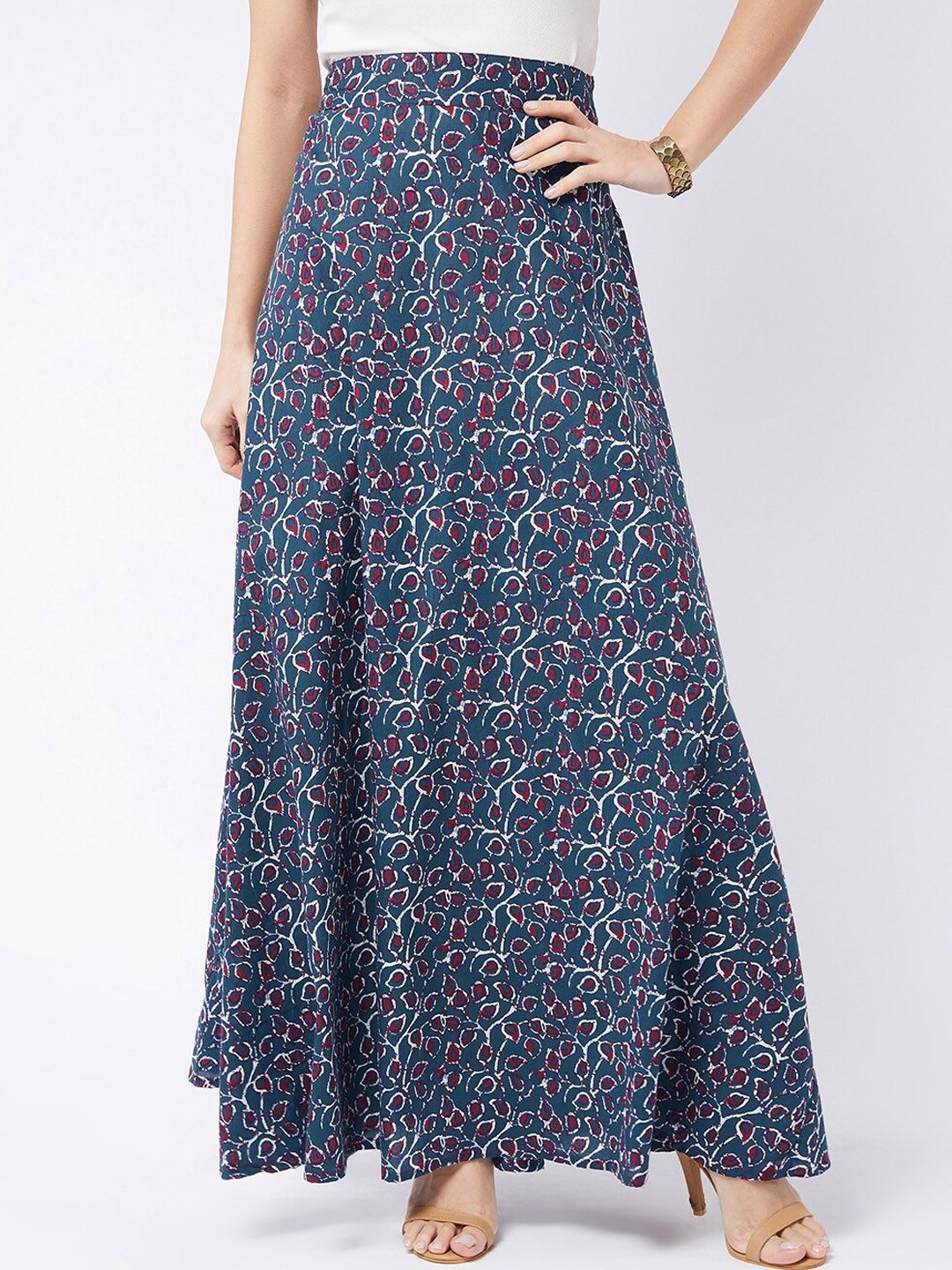 InWeave Women Blue Printed Pure Cotton A-Line Flared Maxi Skirt