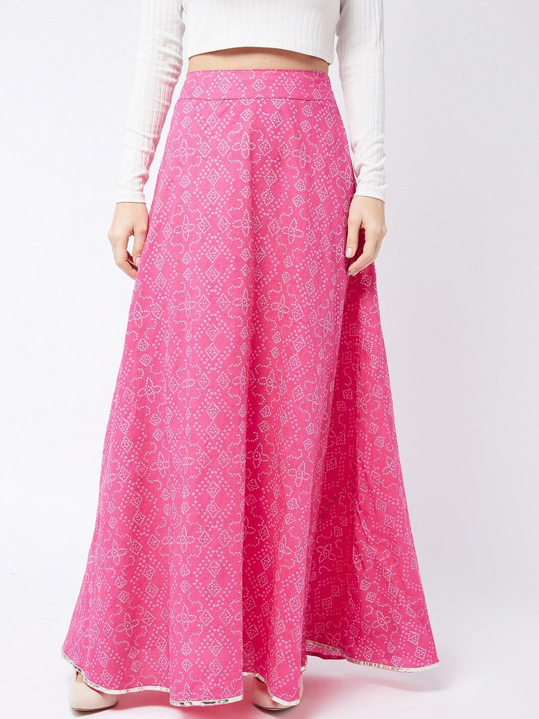 InWeave Women Pink & White Printed Pure Cotton Flared Maxi Skirt