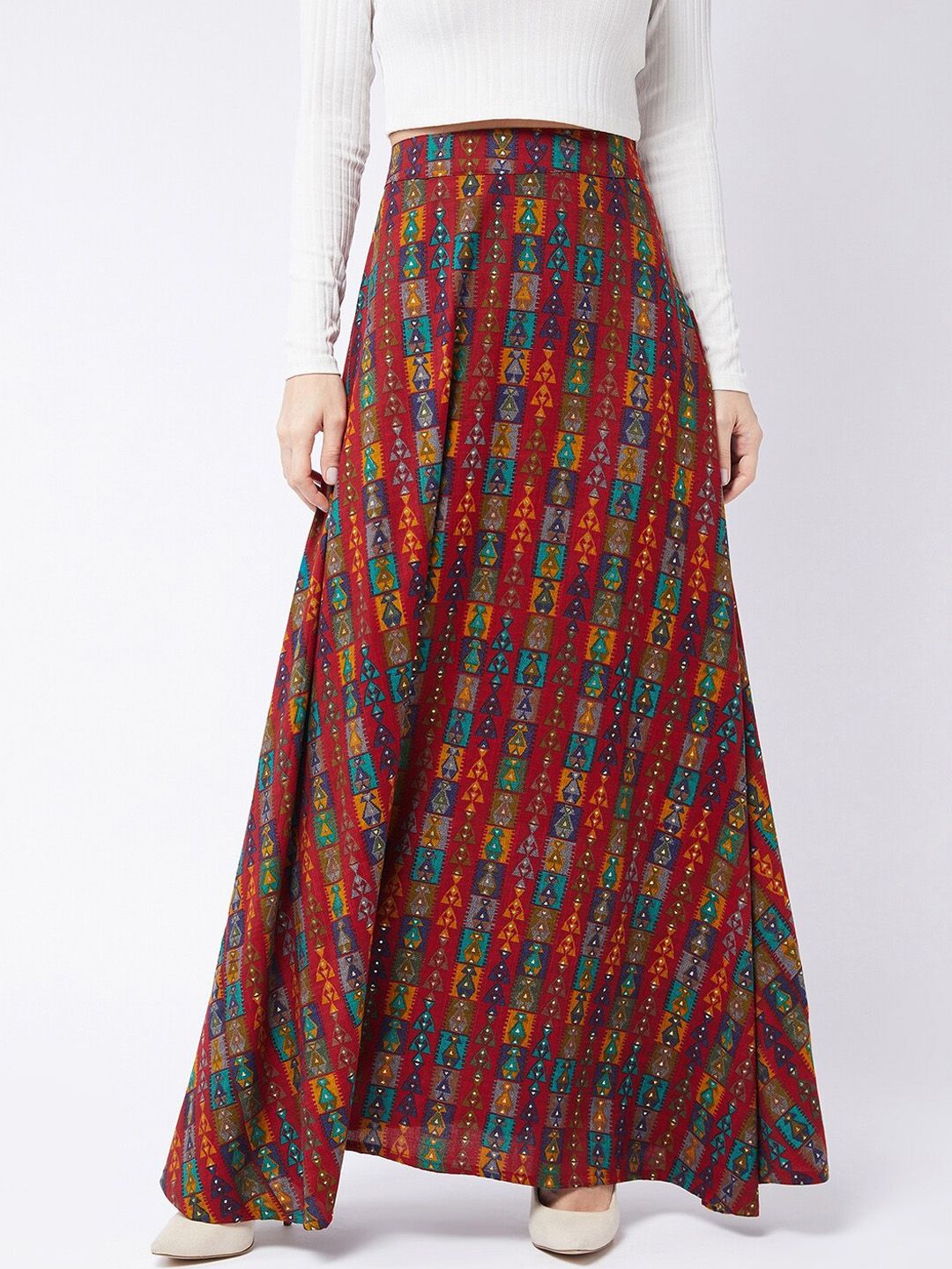 InWeave Women Red & Blue Abstract Printed A-Line Flared Maxi Skirt Price in India