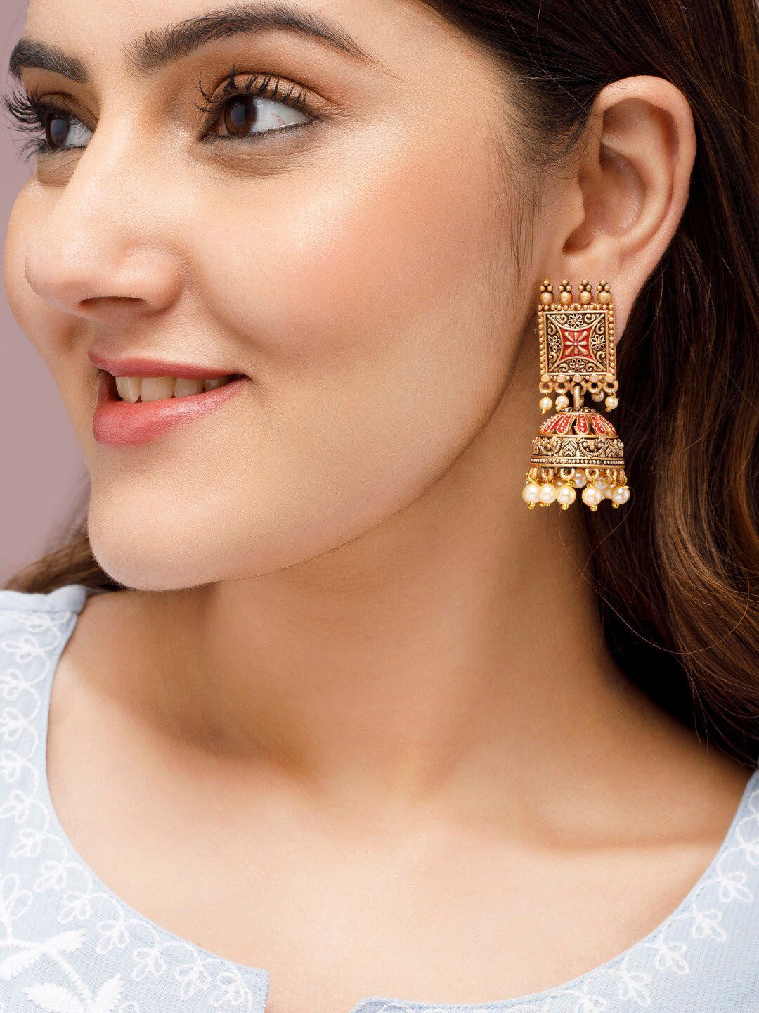 Rubans Gold-Plated & White Enamel Handpainted Dome Shaped Jhumkas Earrings Price in India