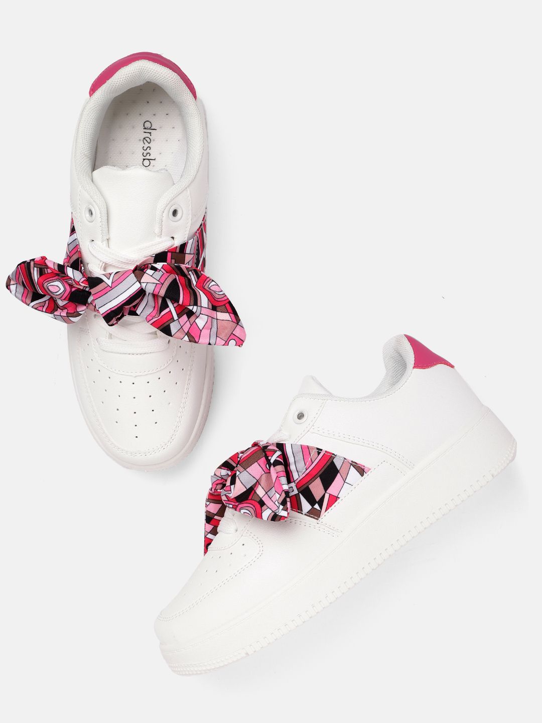 DressBerry Women White Pink Solid Perforated Sneakers with Bow