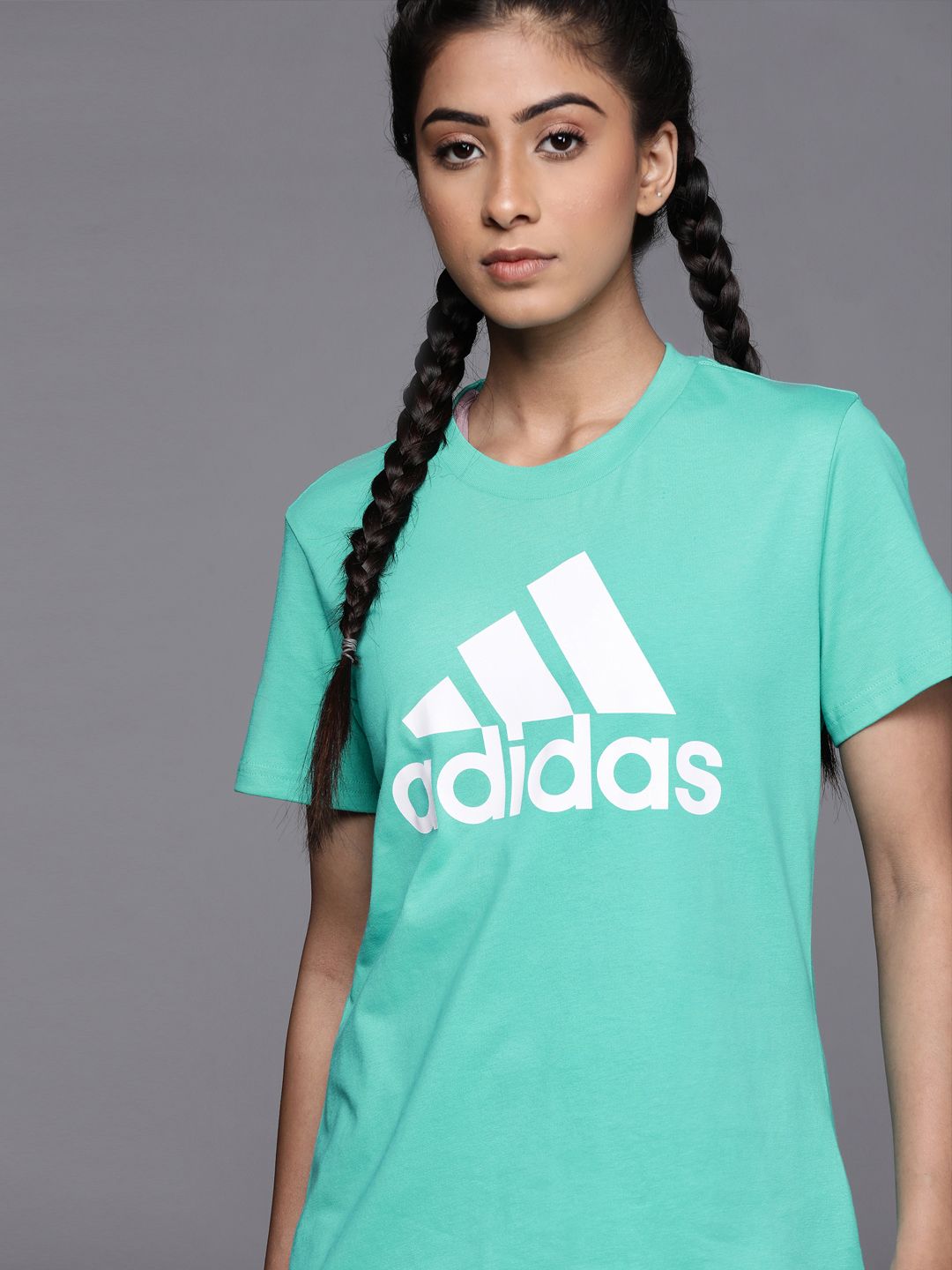 ADIDAS Women Green Brand Logo Printed Pure Cotton T-shirt Price in India