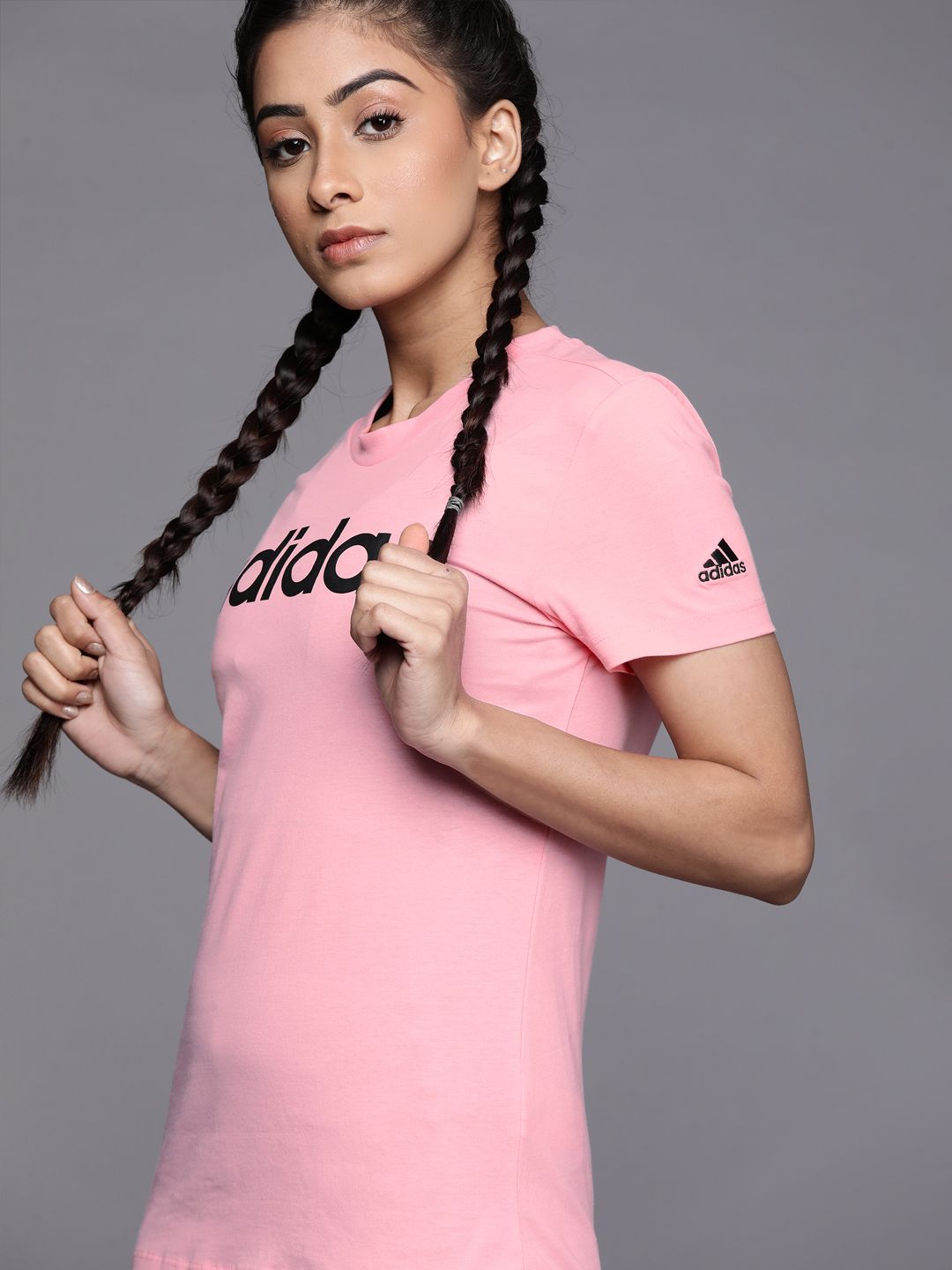ADIDAS Women Pink Brand Logo Printed Pure Cotton T-shirt Price in India