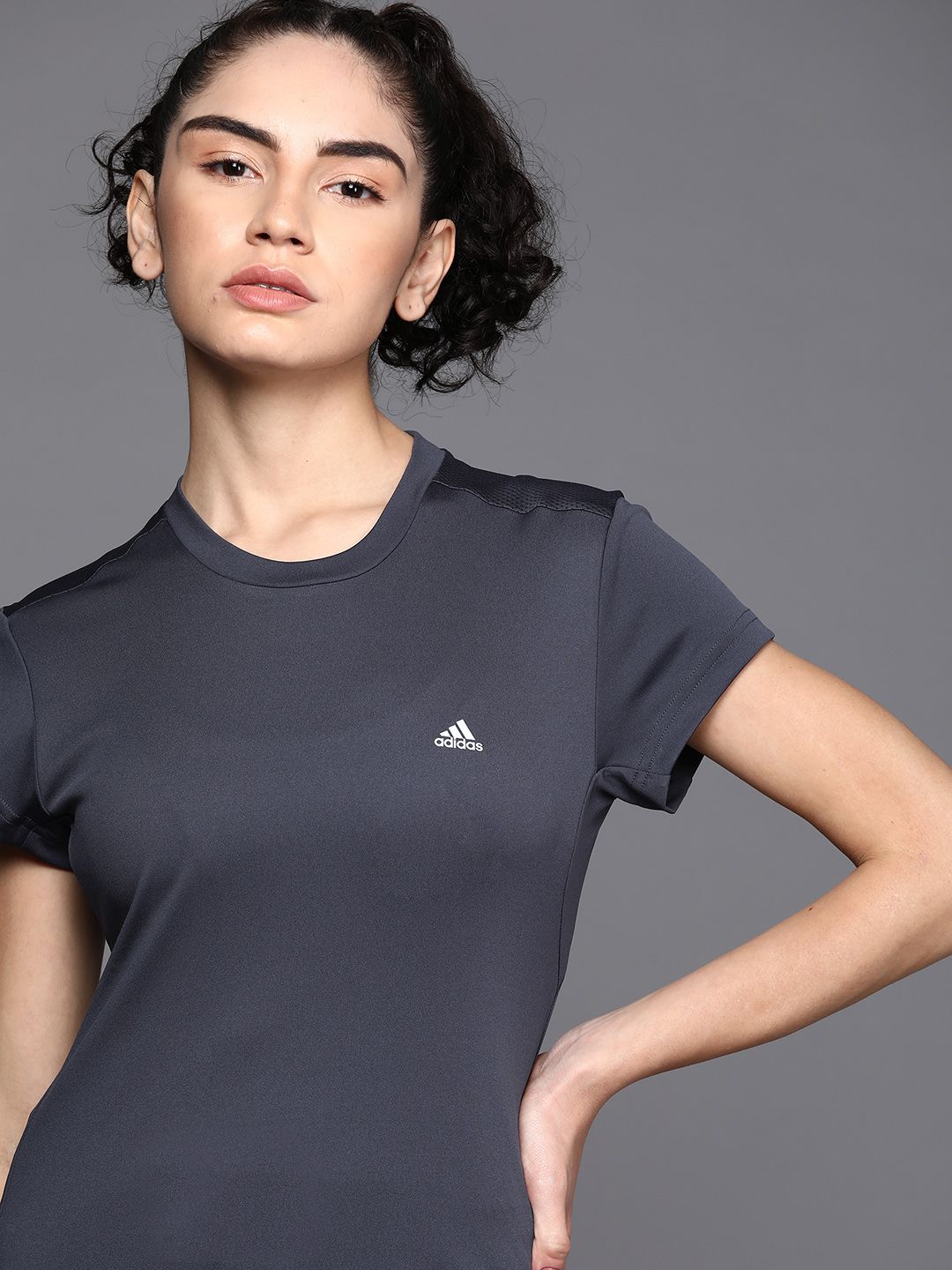 ADIDAS Women Navy Blue Printed Slim Fit T-shirt Price in India