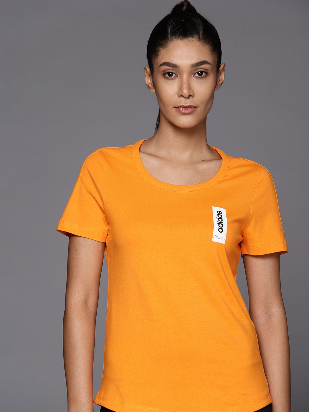 ADIDAS Women Orange BB T W Solid Pure Cotton T-shirt Price in India
