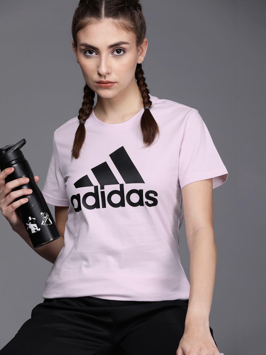 ADIDAS Women Pink & Black Brand Logo Printed Sustainable T-shirt Price in India