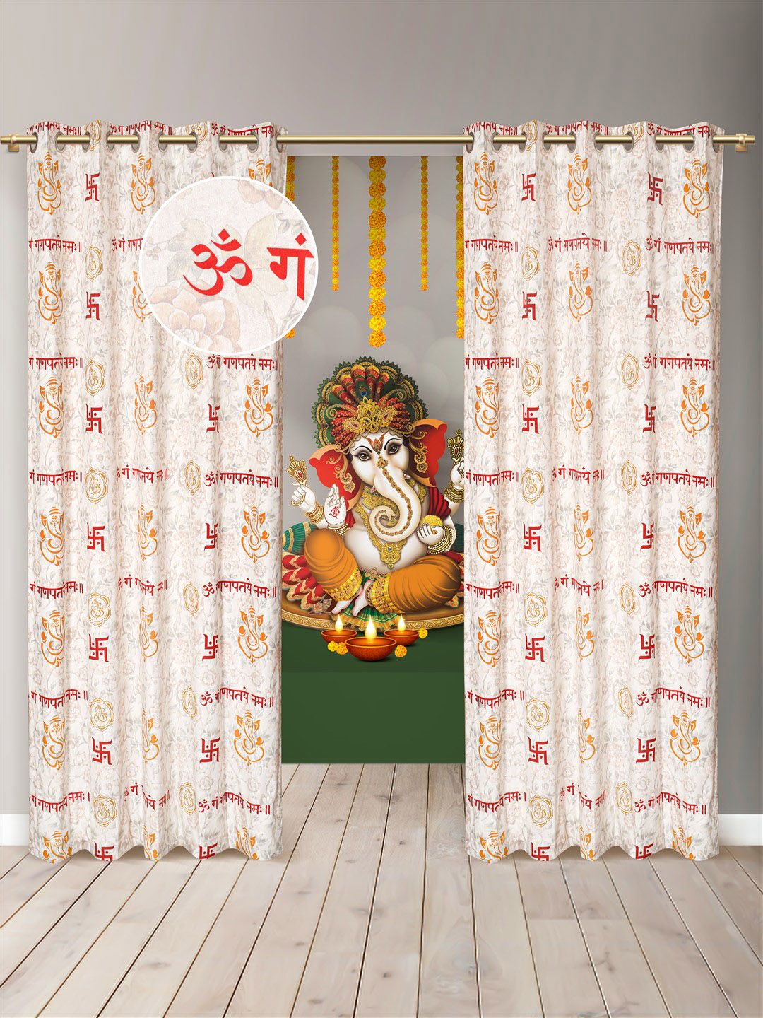 DREAM WEAVERZ Cream-Coloured & Red Set of 2 Ethnic Motifs Pooja Mandir Door Curtain Price in India