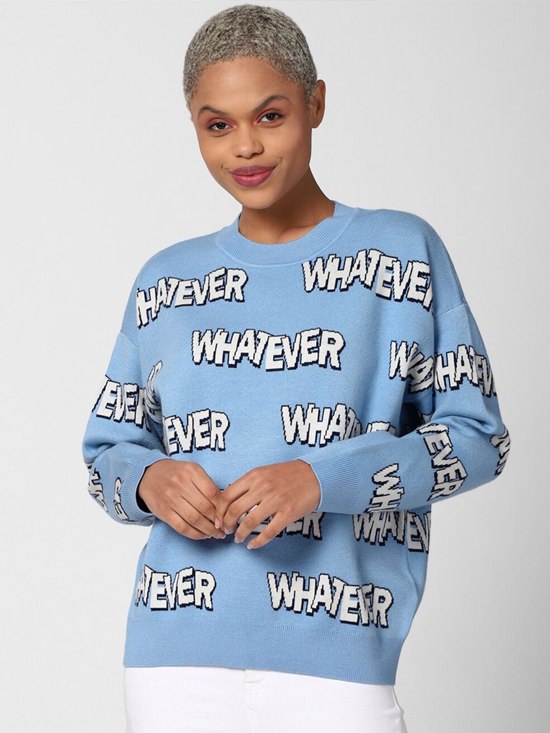 FOREVER 21 Women Blue & White Typography Printed Pullover Price in India