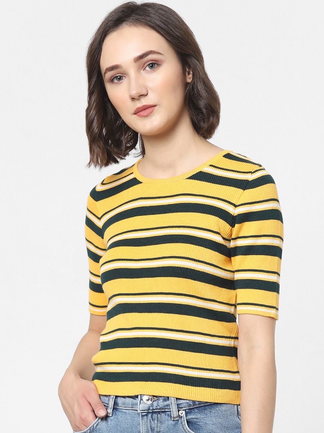 ONLY Women Yellow & Black Striped Cotton Pullover Price in India