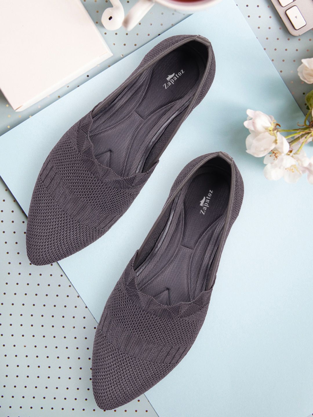 ZAPATOZ Women Grey Textured Ballerinas Flats Price in India