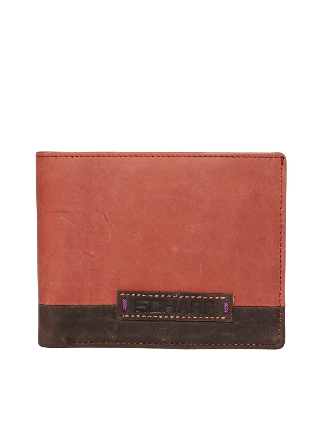 SCHARF Unisex Coral Red & Brown Colourblocked Genuine Leather Wallet Price in India