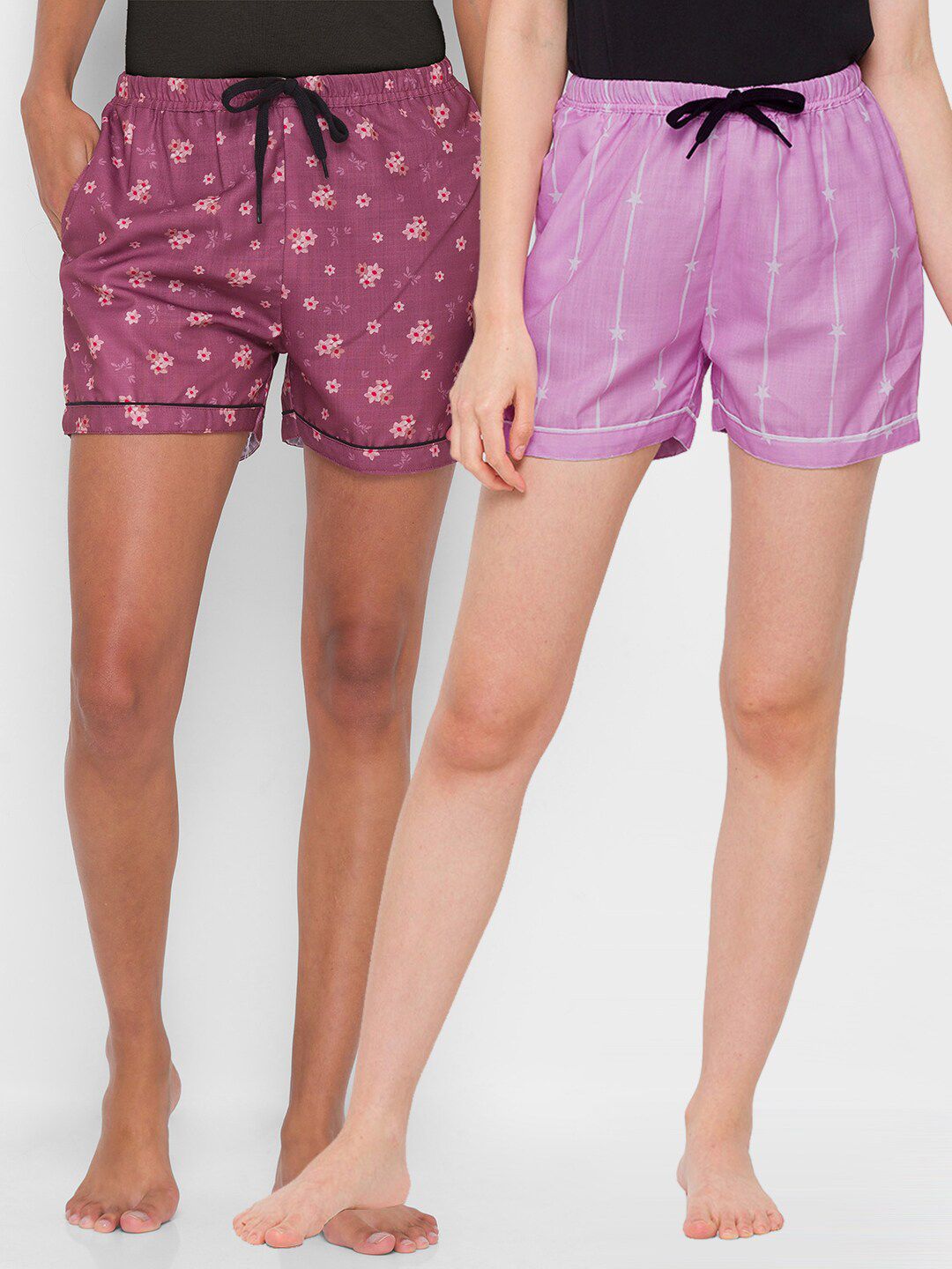 FashionRack Women Pack Of 2 Purple & Lavender Printed Cotton Lounge Shorts Price in India