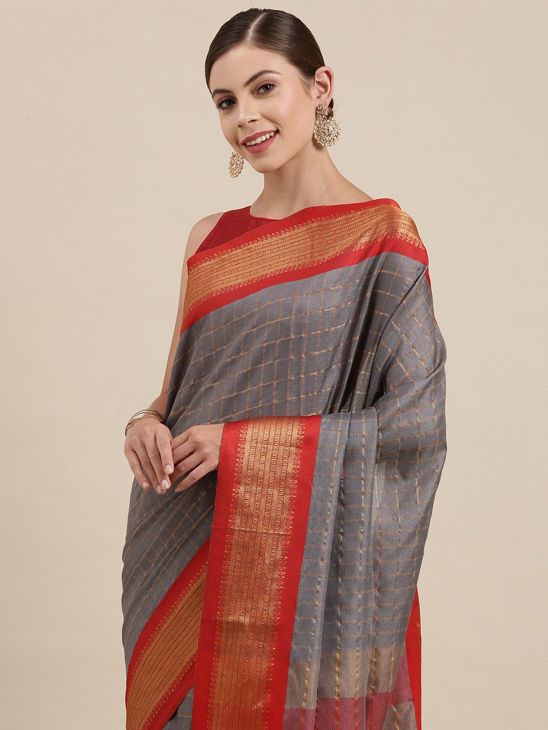 Mitera Women Grey & Red Checked Zari Silk Cotton Saree Price in India