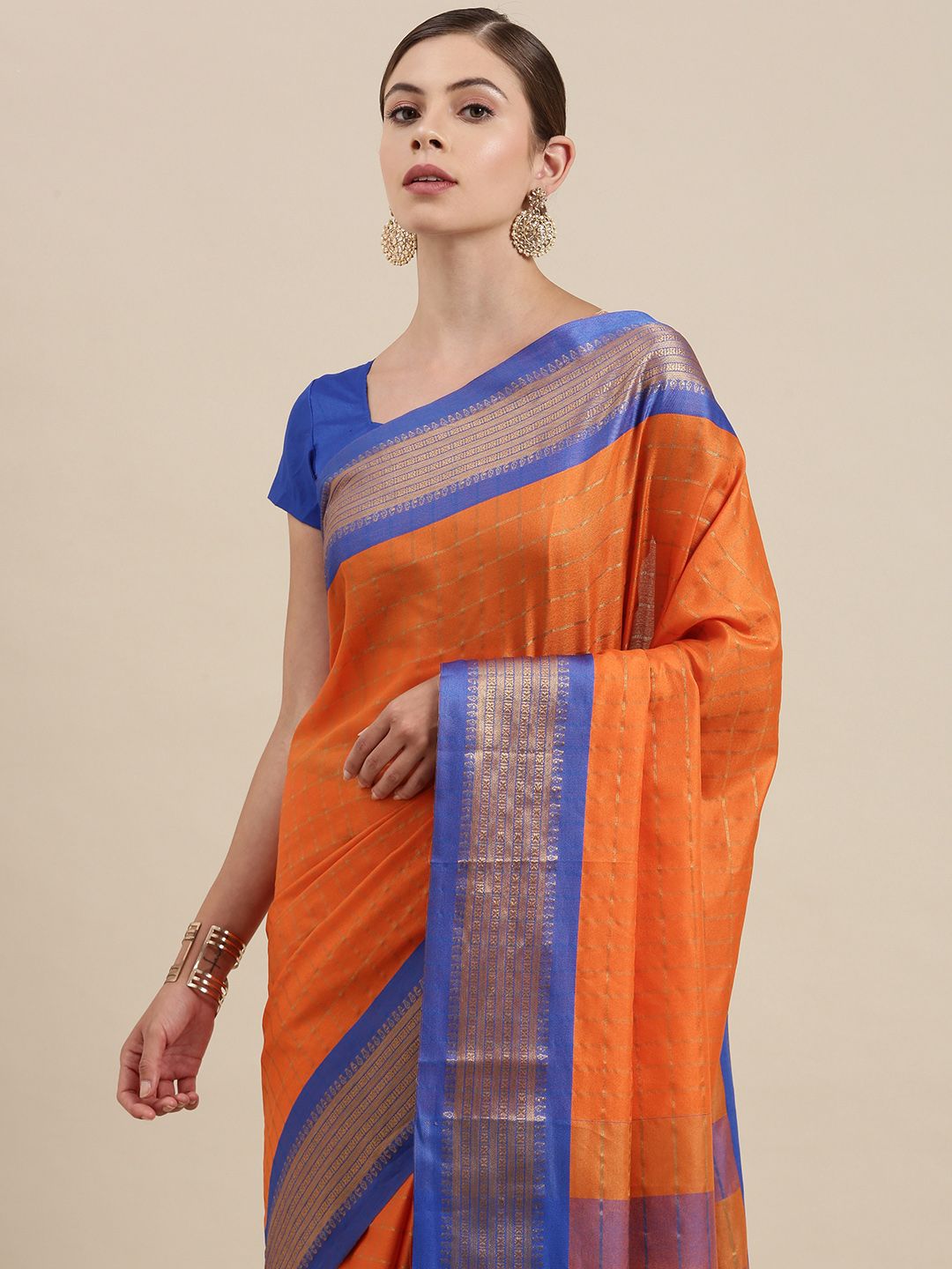 Mitera Women Orange & Blue Checked Zari Silk Cotton Saree Price in India