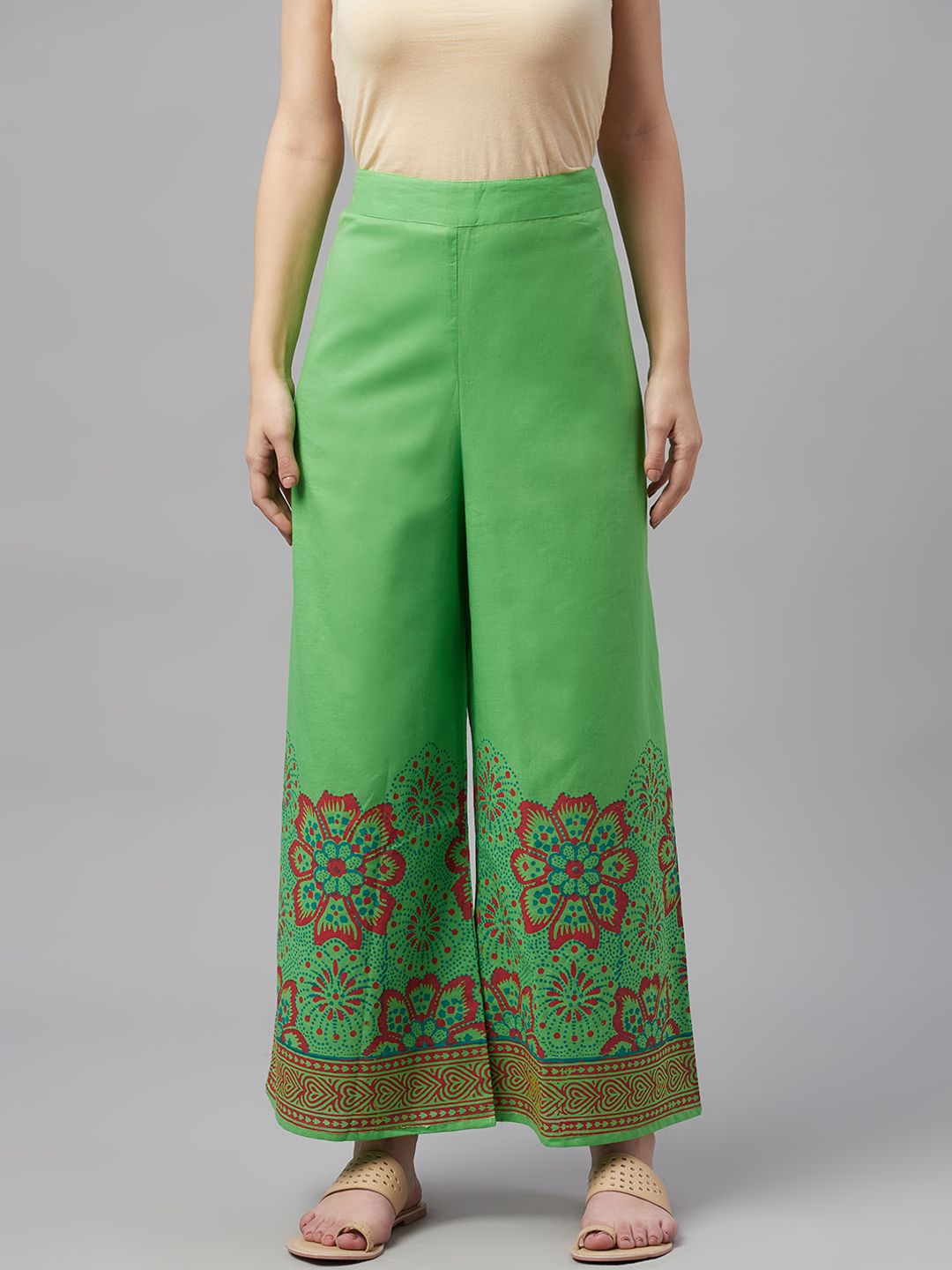 MBE Women Green & Red Floral Printed Palazzos Price in India