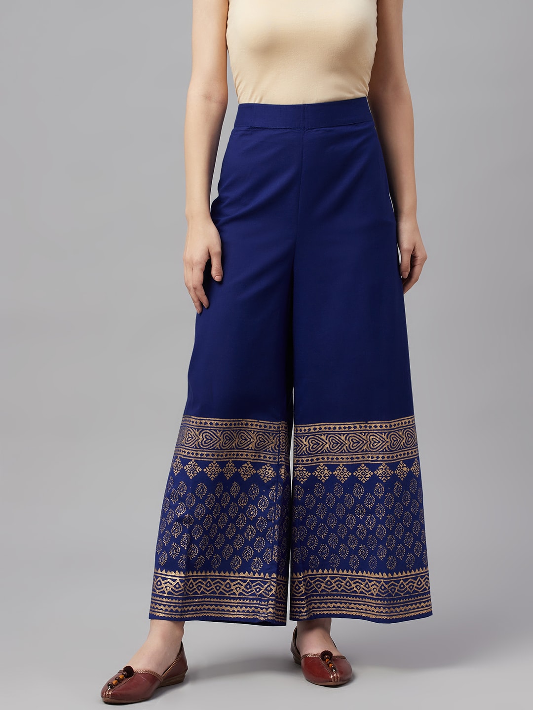 MBE Women Blue & Gold-Toned Pure Cotton Ethnic Motifs Print Palazzos Price in India