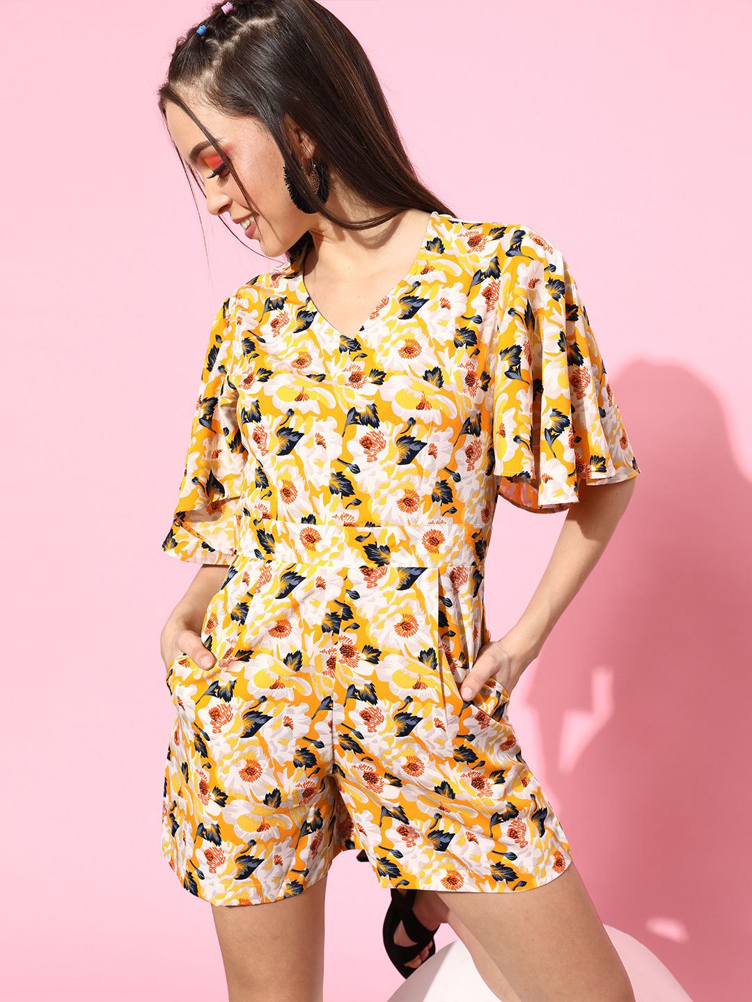 THREAD MUSTER Women Bright Yellow Printed Playsuit Price in India