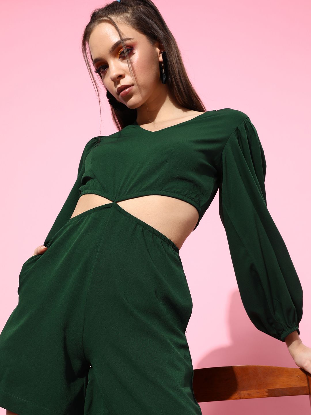THREAD MUSTER Women Gorgeous Green Solid Playsuit Price in India