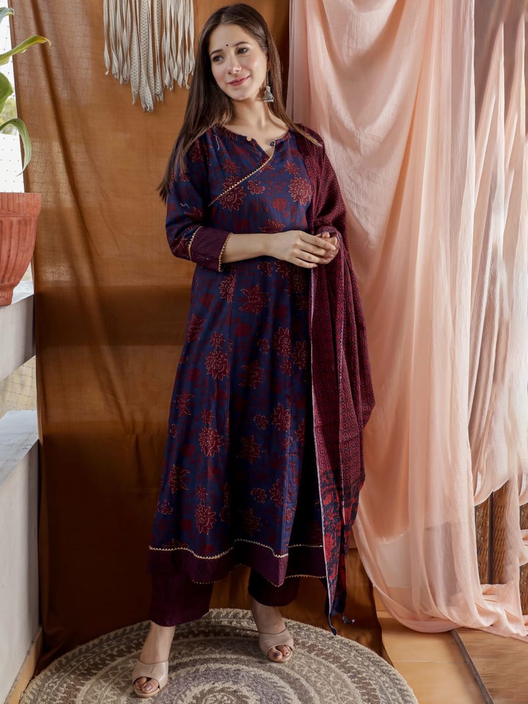 KALINI Women Coffee Brown Ethnic Motifs Printed Gotta Patti Kurta with Trousers & With Dupatta Price in India