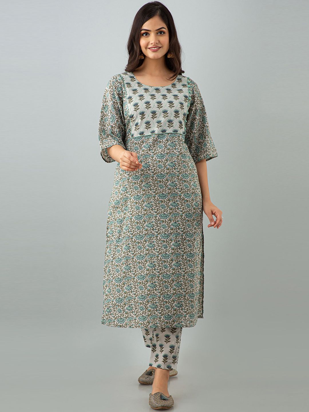 KALINI Women Green Ethnic Motifs Printed Pure Cotton Kurta with Trousers Price in India