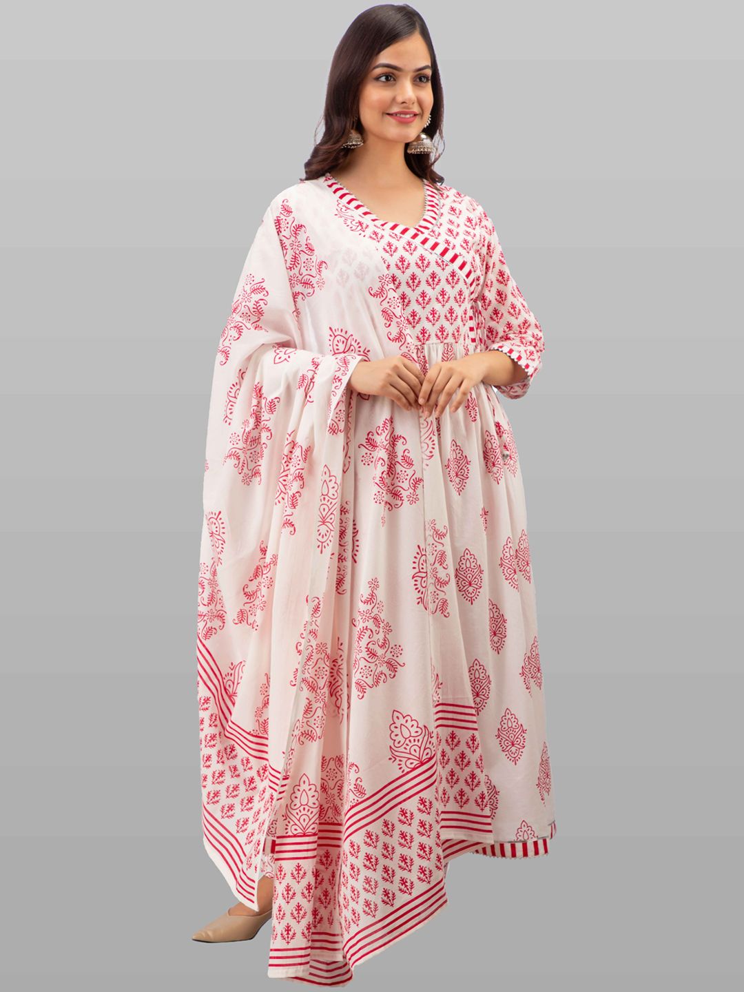 KALINI White Floral Printed Angrakha Gotta Patti Pure Cotton Kurta with Trousers & Dupatta Price in India