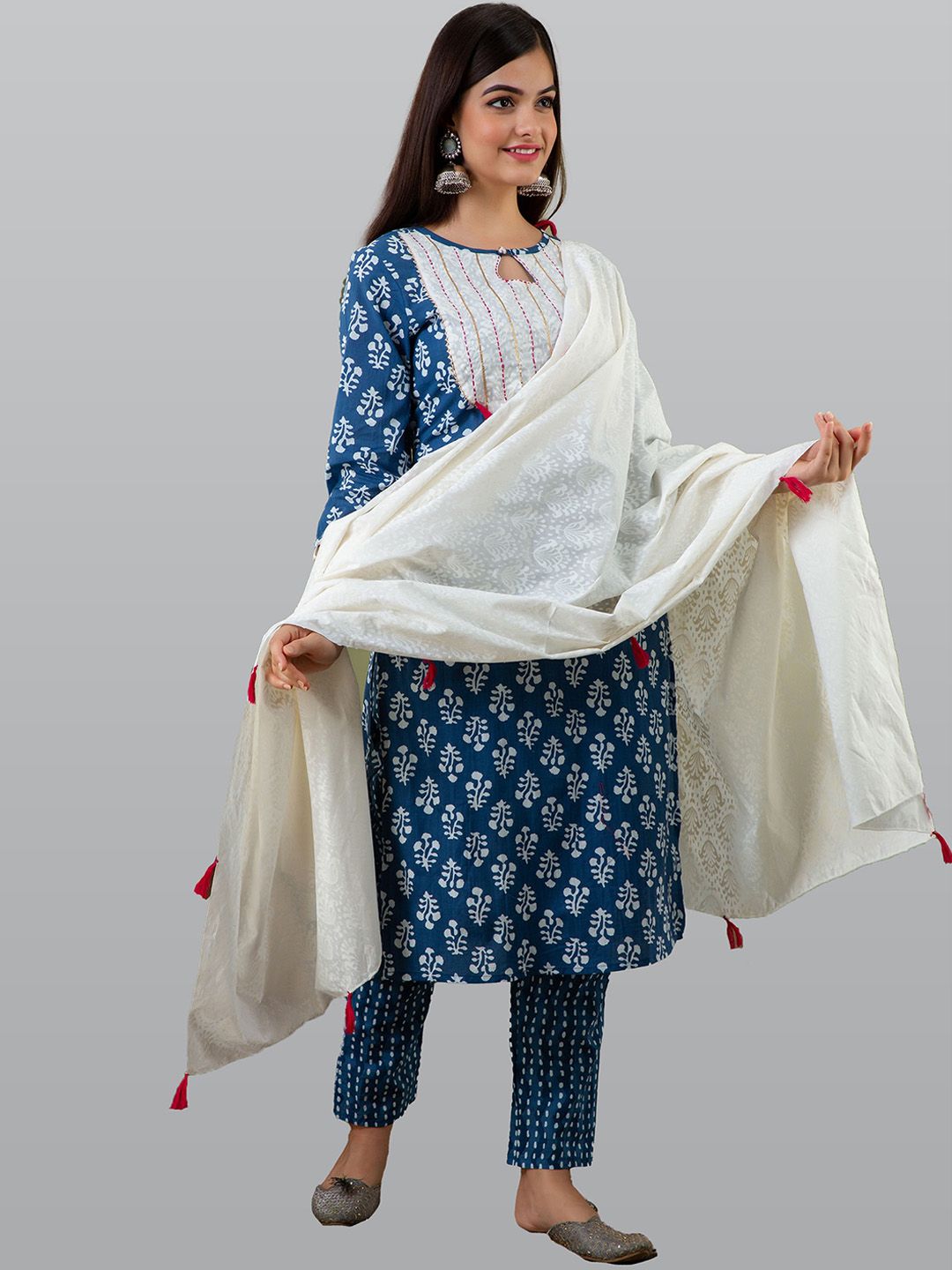 KALINI Women Blue Printed Pure Cotton Kurta with Trousers & With Dupatta Price in India