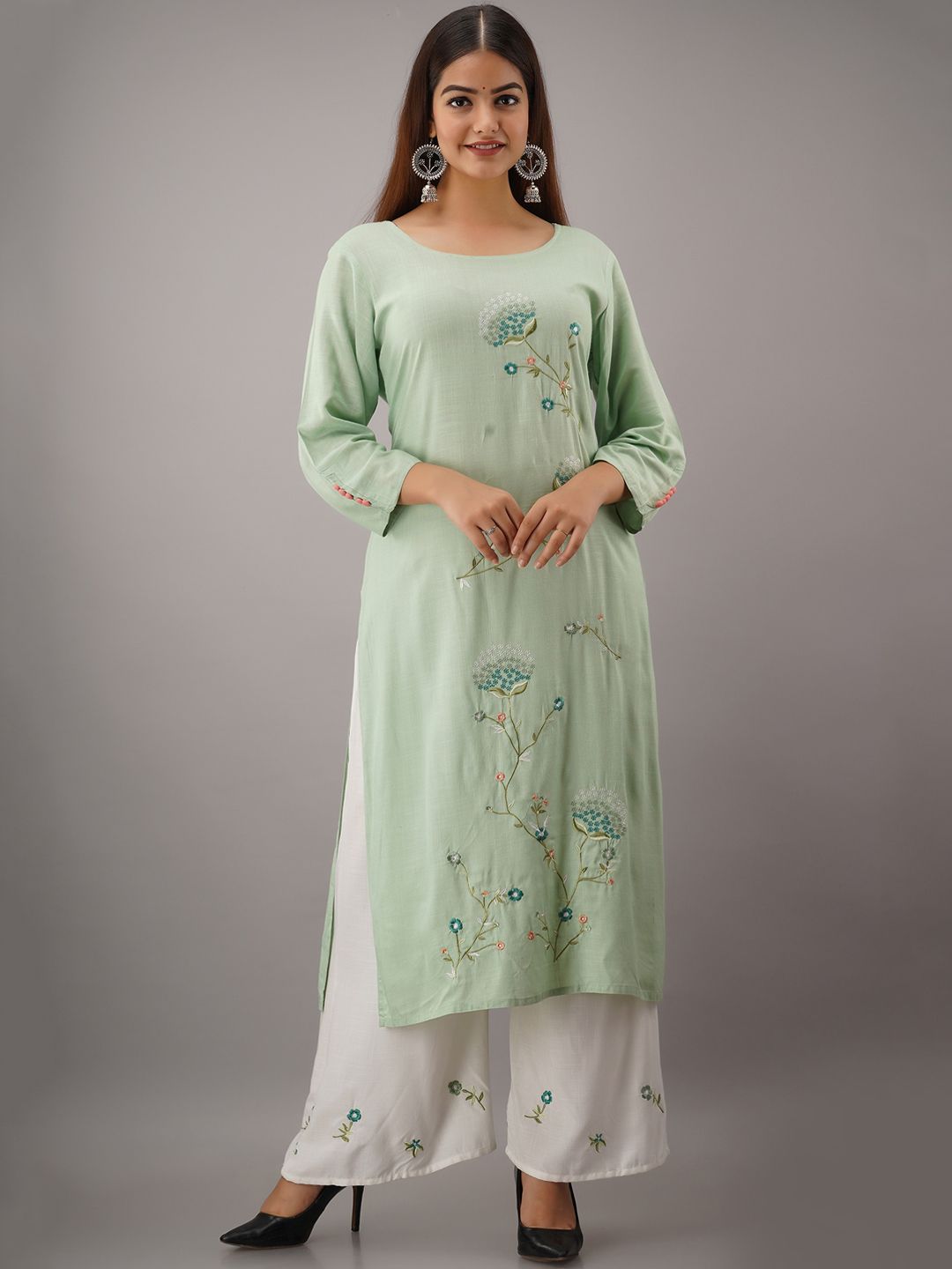 KALINI Women Sea Green Floral Embroidered Kurta with Palazzos Price in India