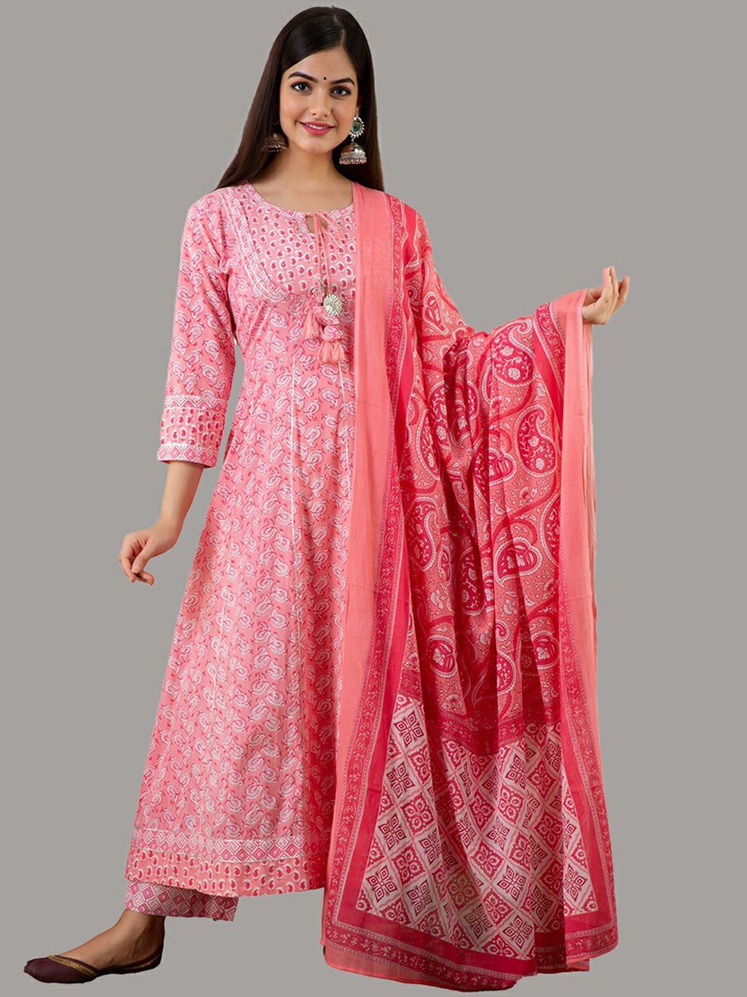 KALINI Women Pink Floral Printed Empire Pure Cotton Kurta & Trousers With Dupatta Price in India