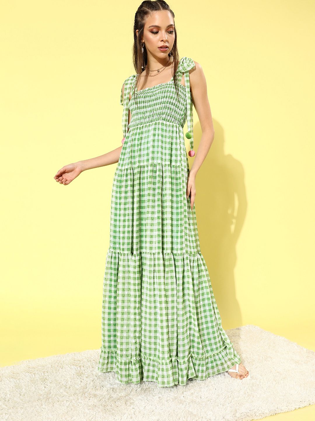 green and white midi dress with sleeves Check Dress main image 1