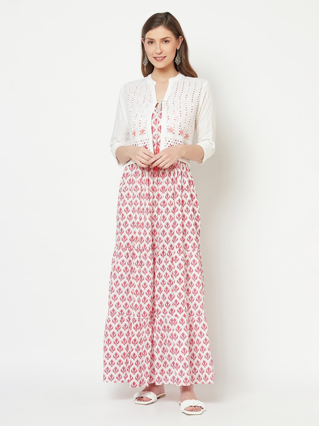 KALINI Red & White Ethnic Motifs Cotton Maxi Dress with Jacket Price in India