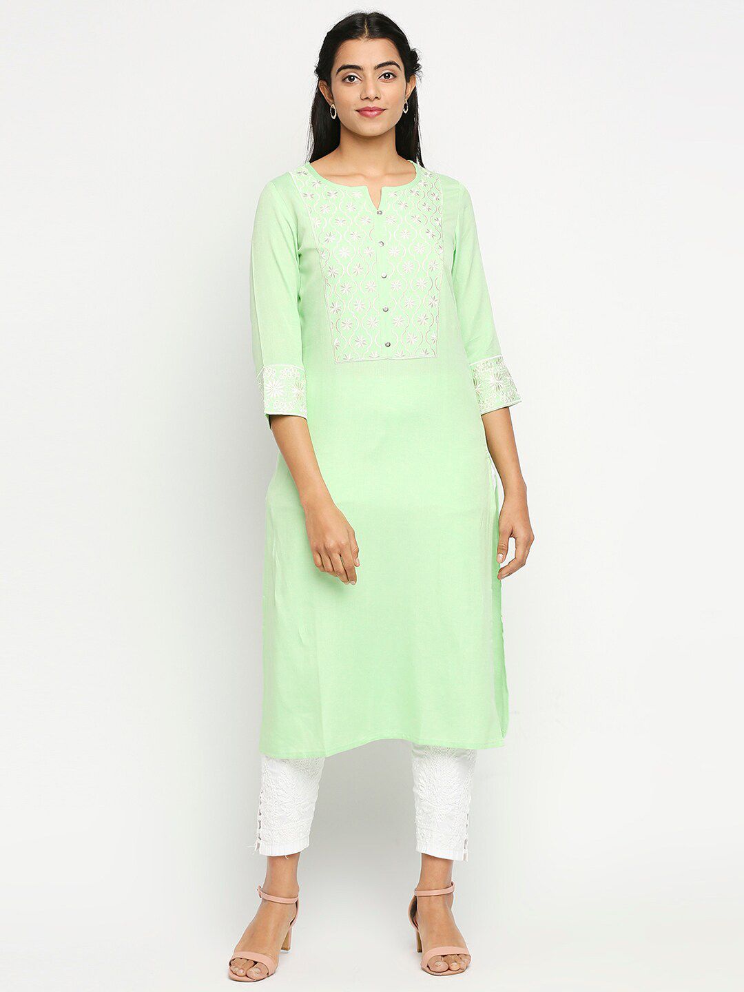 Ethnicity Women Green Ethnic Motifs Embroidered Kurti Price in India