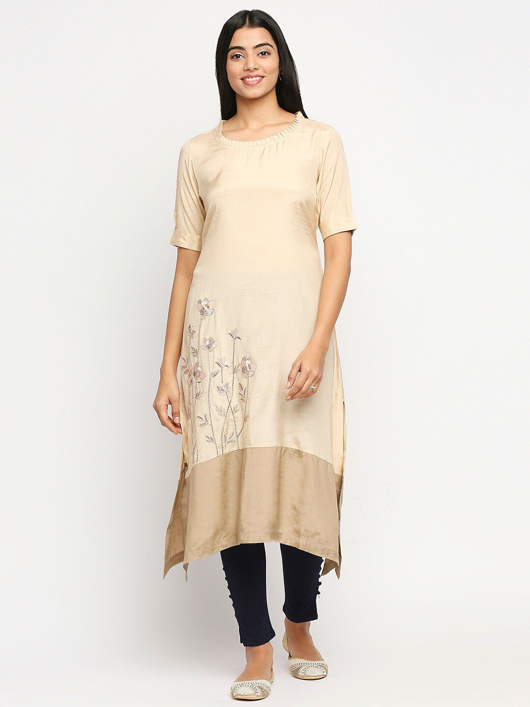 Ethnicity Women Brown Floral Embroidered Thread Work Pure Silk Kurti Price in India
