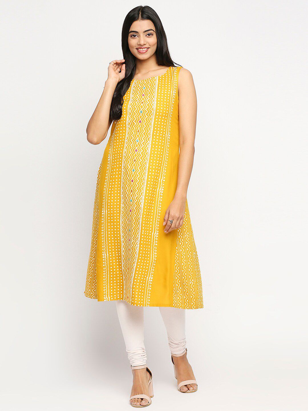 Ethnicity Women Yellow & White Geometric Printed Anarkali Kurti Price in India